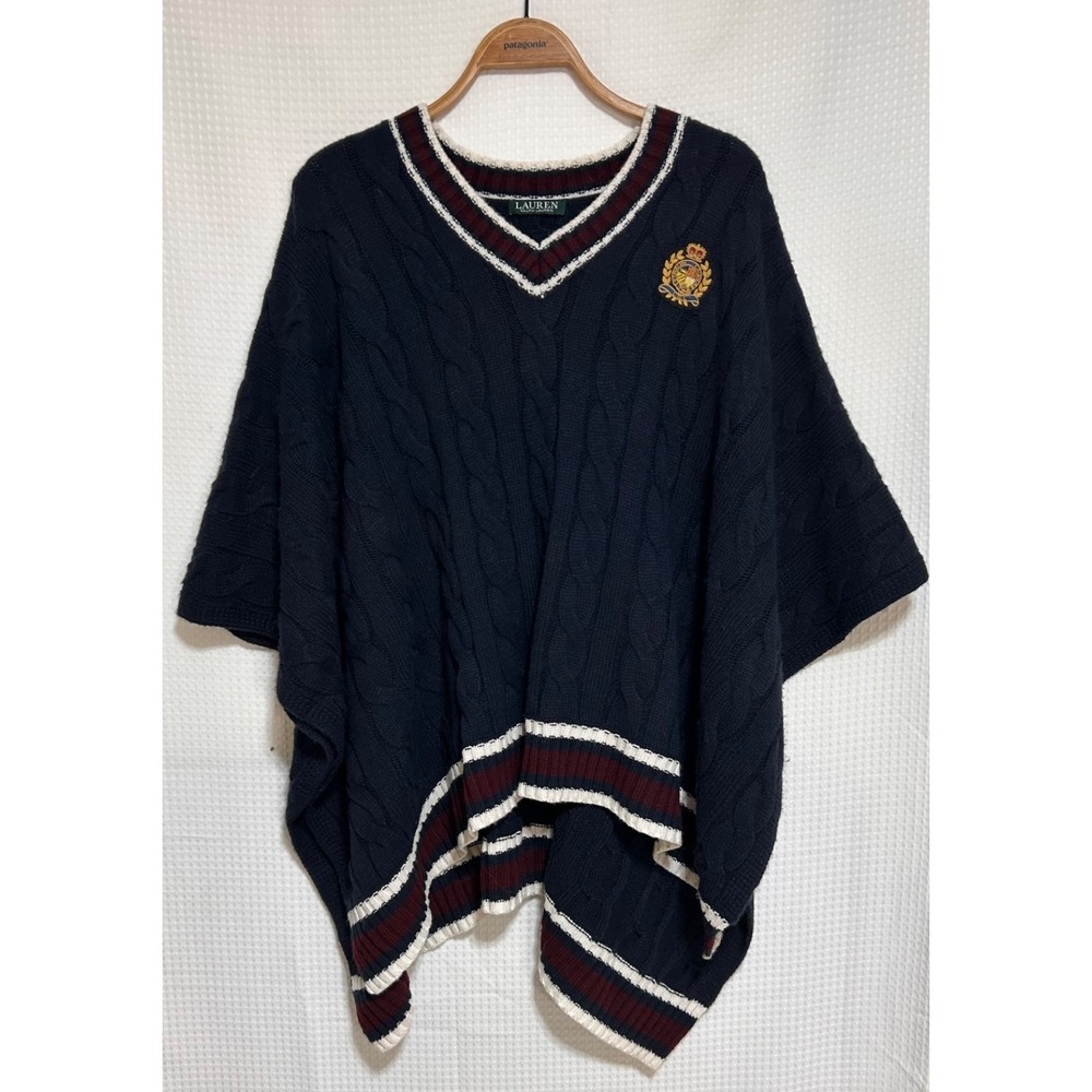 RALPH LAUREN Cozy Boho Chic Knit Navy Burgundy Logo poncho One Size i. - Picture 2 of 8